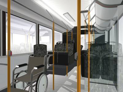 Computergrafik eines Businnenraums mit Stellplatz für Rollstuhl.