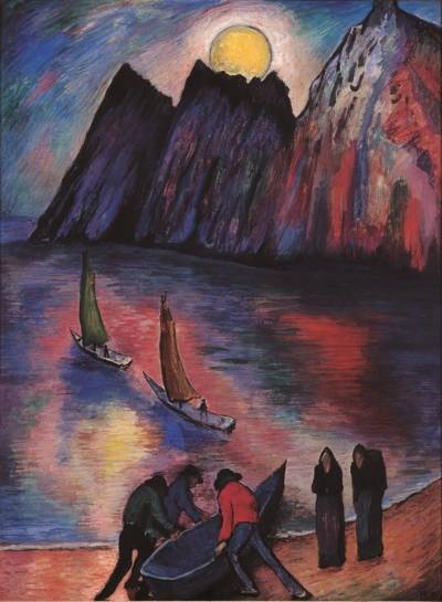 Gemälde einer Strandszene: Drei Männer bringen ein Ruderboot ziehen ins Wasser, beobachtet von zwei Frauen. Dahinter sind zwei Segelboote im Meer zu sehen. 