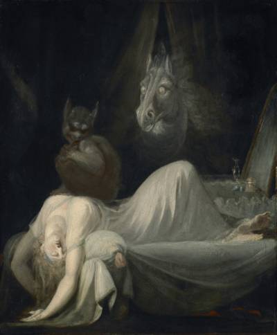 Gemälde einer schlafenden Frau, auf der ein Kobold sitzt.