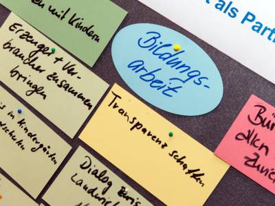 Per Hand beschriebene Moderationskarten hängen an einer Metaplanwand.