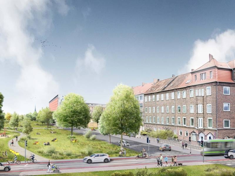 Visualisierung eines Wohngebietes. Davor eine Straße.