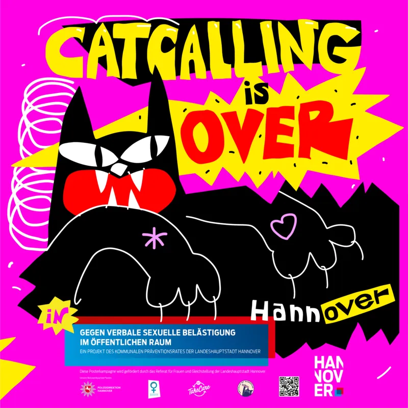 Eine illustrierte Katze auf dem Plakat zeigt ihre Krallen.