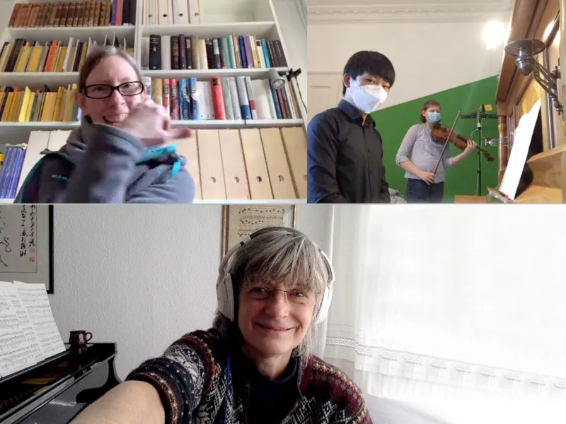 Yannik Wang (Klavier) und Tabea D&ouml;dtmann (Viola) sowie Lehrkr&auml;fte der Musikschule Birgit Saak, Juliane Strau&szlig;-Ovens