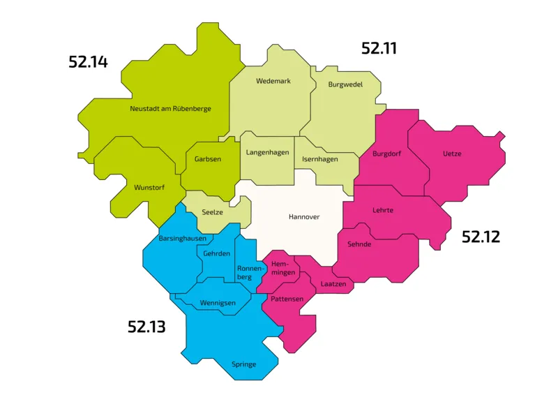 Karte der Zuständigkeiten nach Kommune (Infos im Text unterhalb des Bildes)