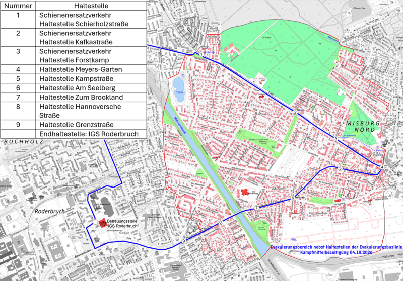 Eine Karte von Misburg-Nord mit einem eingezeichneten Radius, der die zu evakuierenden Haushalte kennzeichnet.