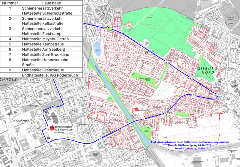 Eine Karte von Misburg-Nord mit einem eingezeichneten Radius, der die zu evakuierenden Haushalte kennzeichnet.