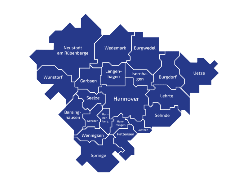 Karte mit den Umrissen und Namen aller 21 Kommunen der Region Hannover.