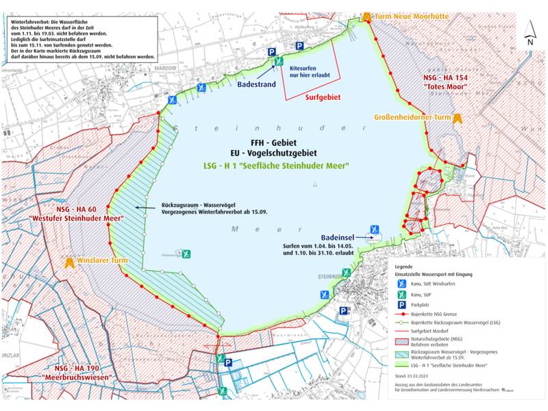 Karte des Steinhuder Meeres mit Zonen, die Wassersportlerinnen und Wassersportler nicht befahren dürfen.