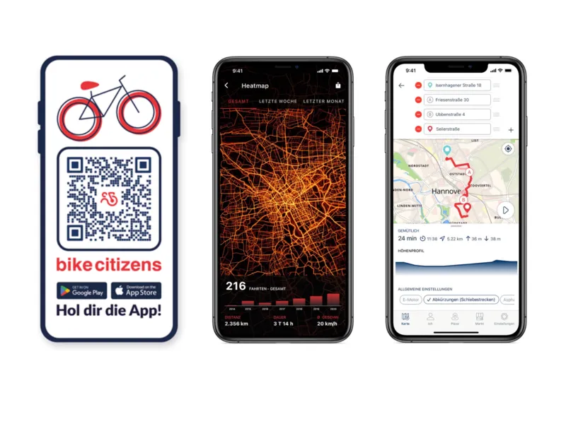 Zwei Screenshots aus der Bike Citizens App, auf denen man sieht, wie man damit Routen planen und sich anzeigen lassen kann, wo besonders viele Radfahrende unterwegs sind (Heatmap)