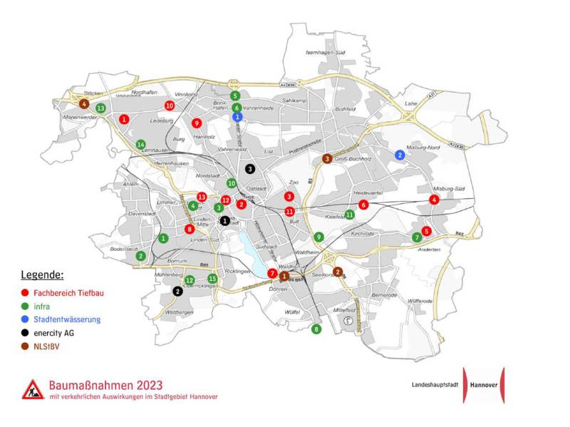 Eine Karte, die Baustellen im Stadtgebiet Hannover und die Namen der verantwortlichen Institutionen zeigt.