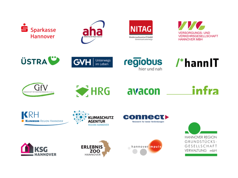 Logos der Unternehmen, die ganz oder teilweise der Region Hannover gehören, zum Beispiel Üstra und aha.