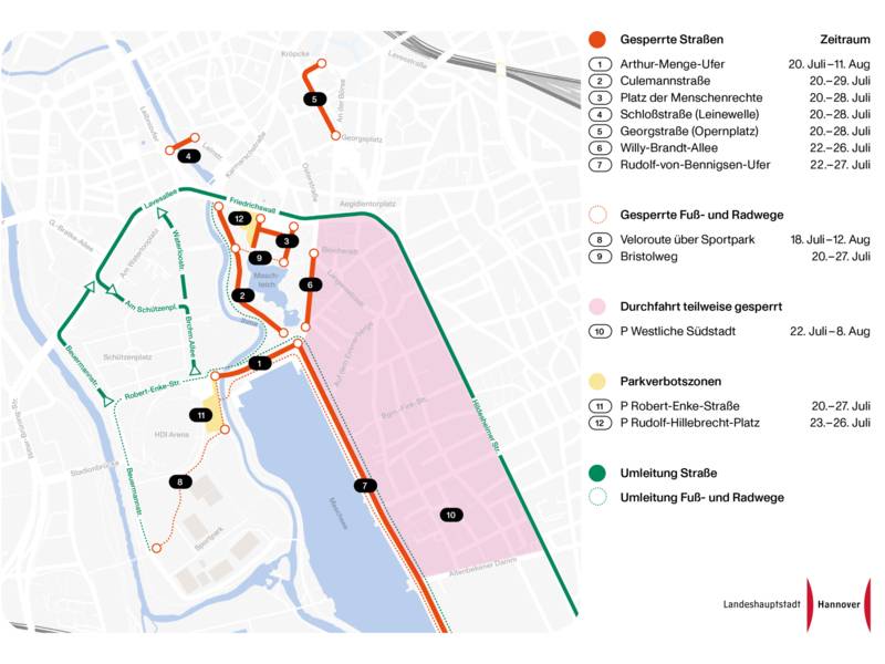 Sperrungen, Parkverbotszonen sowie Umleitungsempfehlungen