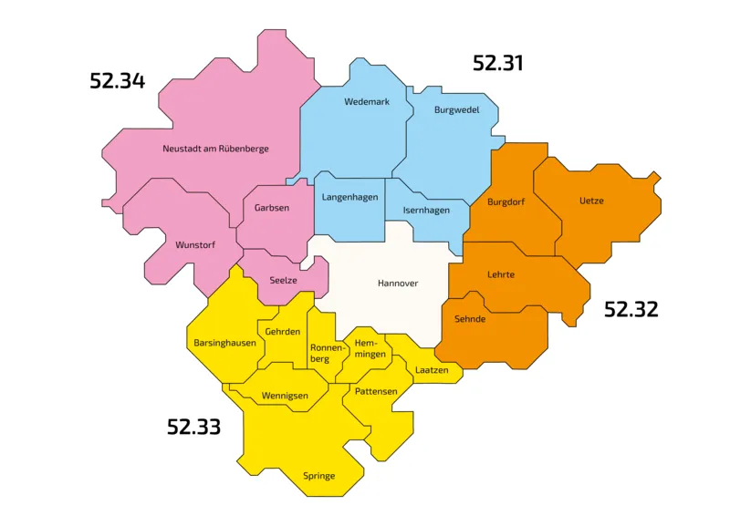 Karte der Zuständigkeiten nach Kommune (Infos im Text unterhalb des Bildes)