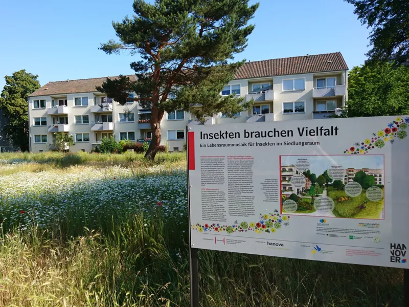 Eine Infotafel in einem Wohngebiet. Darauf steht "Insekten brauchen Vielfalt".