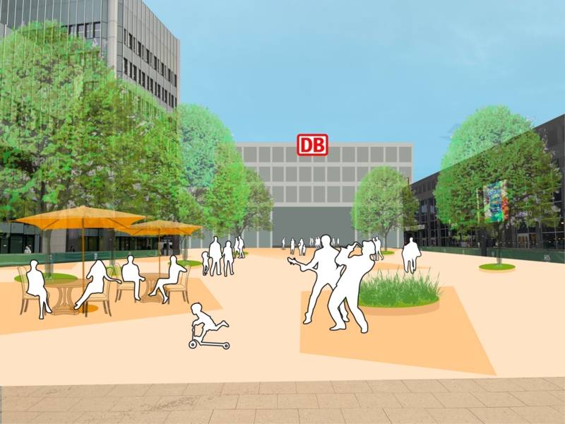 Visualisierung eines Platzes mit weißen Menschen-Silhouetten, dahinter ein Gebäude mit den Buchstaben DB.