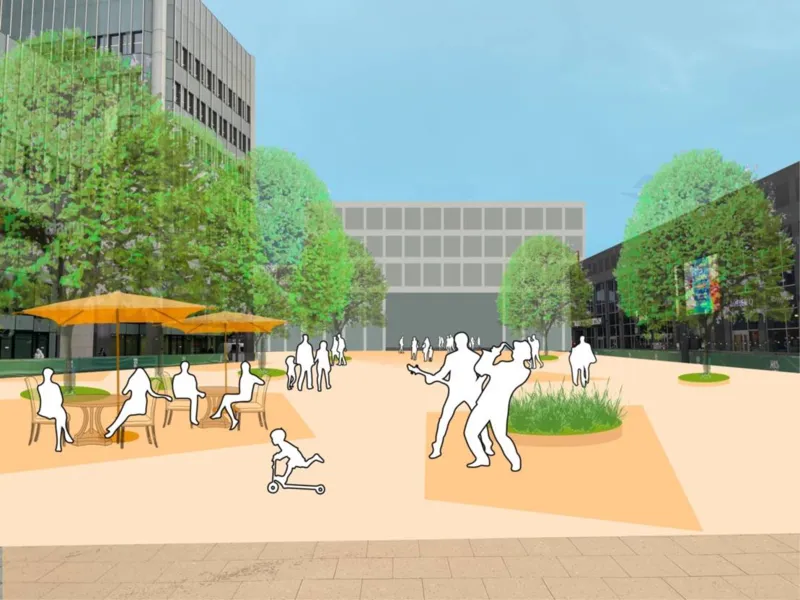 Visualisierung eines Platzes mit wei&szlig;en Menschen-Silhouetten, dahinter ein Geb&auml;ude