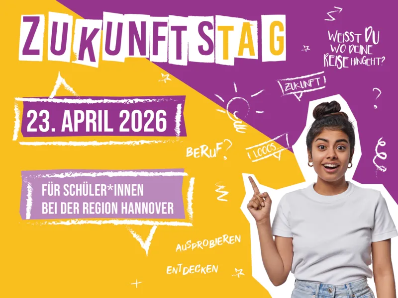 Collage in pink und gelb zum Zukunftstag am 23. April 2026 bei der Region Hannover.