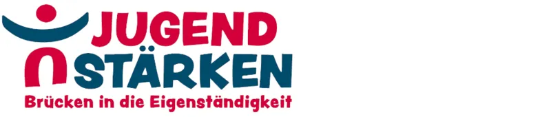 Logo aus den Farben Rot und Blau mit einer Strichperson und dem Text Jugend stärken Brücken in die Eigenständigkeit.
