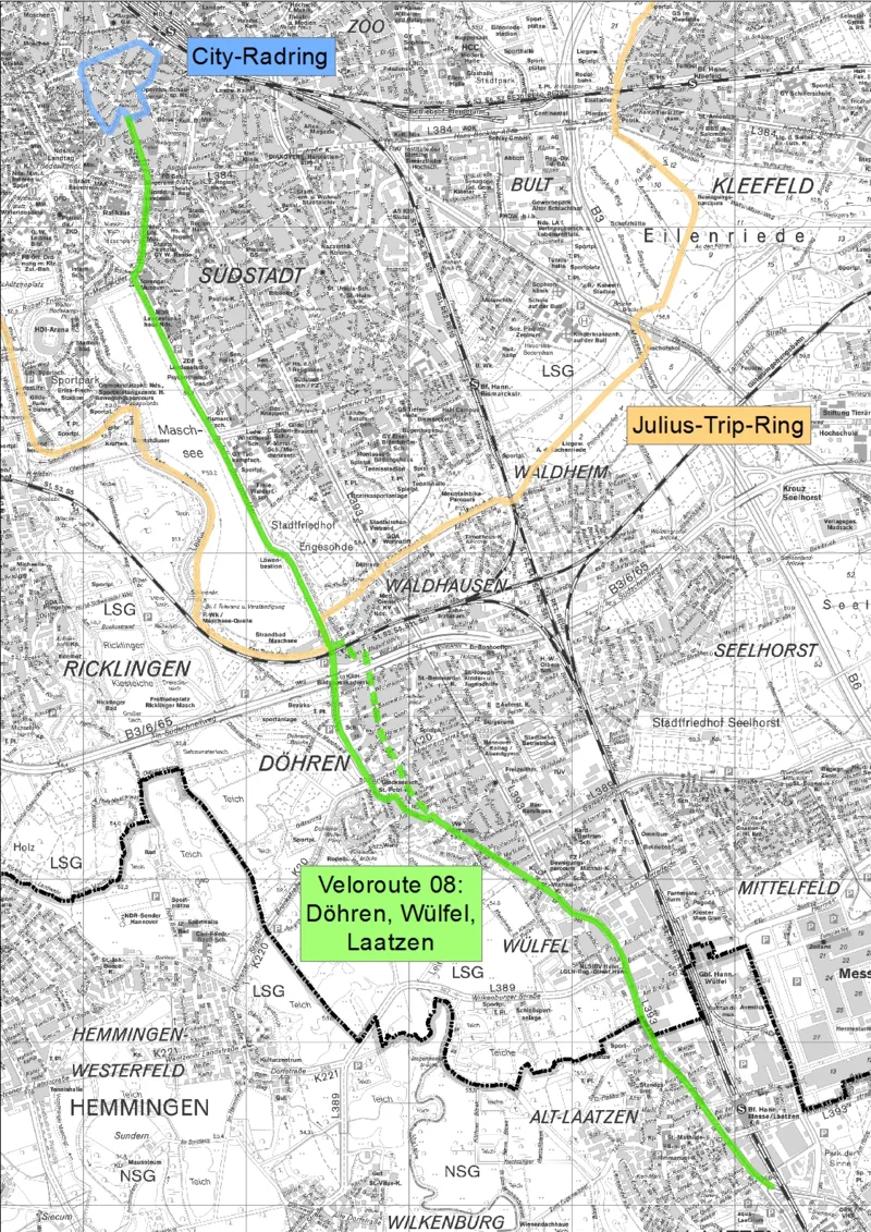 Der Ausschnitt einer Karte, der zeigt wie die Veloroute 8 die ca. 7,0 km lange Route verbindet die City mit den Stadtteilen Mitte, S&uuml;dstadt, Waldhausen, D&ouml;hren und W&uuml;lfel verbindet.