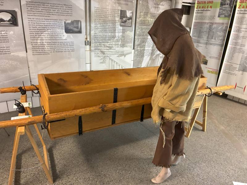 Blick in ein Museum. Vor einer Wand steht ein offener Sarg und eine Figur.