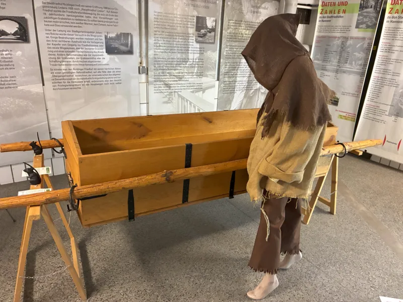 Blick in ein Museum. Vor einer Wand steht ein offener Sarg und eine Figur.