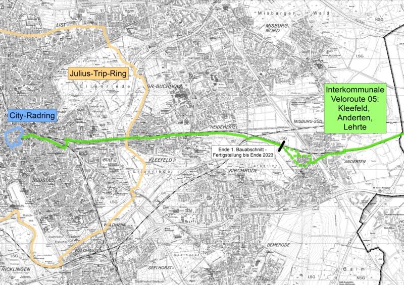 Eine Karte, darin eine grün markierte Strecke