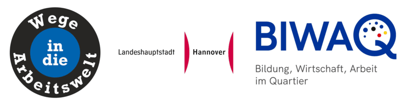 Kombination aus drei Logos Wege in die Arbeit, Landeshauptstadt Hannover, BIWAQ Bildung, Wirtschaft, Arbeit im Quartier