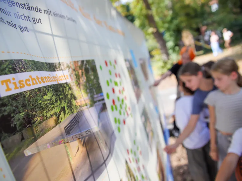 Ein Plakat, davor Kinder und Jugendliche.