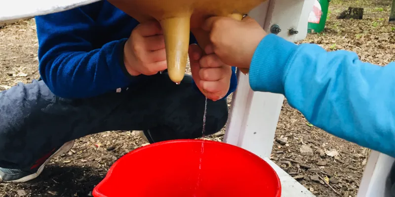 Gestell einer Kuh mit Euter, Kinderh&auml;nde, die melken