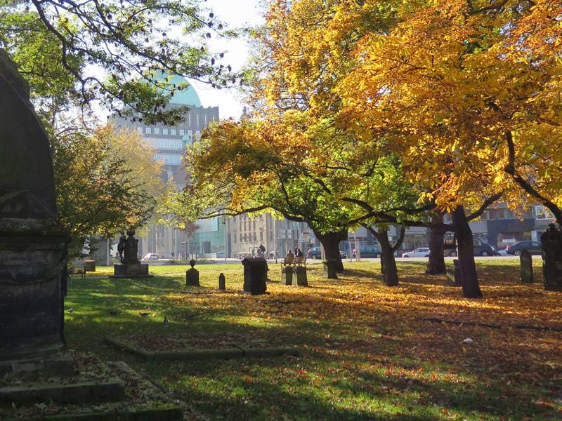 Historische Grabsteine unter alten Bäumen mit Herbstfärbung