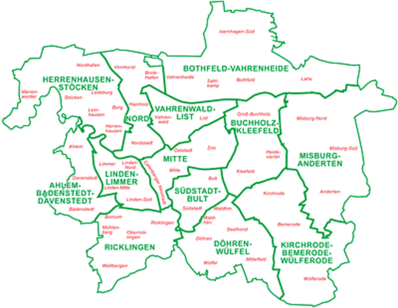 Map showing the district councils of Hannover