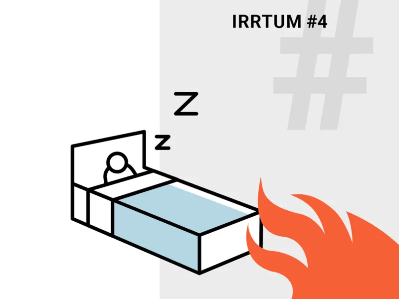 Grafik: Ein Bett mit einem Menschen, der schl&auml;ft und Feuer