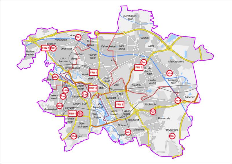 Umgebungskarte Landeshauptstadt Hannover, Feuer- und Rettungswachen und Feuerwehrhäuser der Freiwilligen Feuerwehr mit Wachbezirksgrenzen