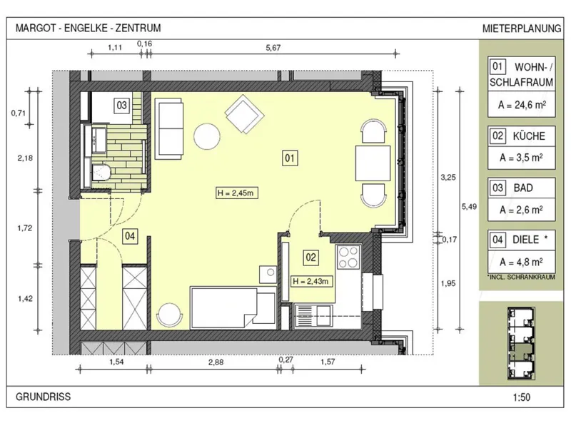 Grundriss eines Apartments Typ 3 im Margot-Engelke-Zentrum
