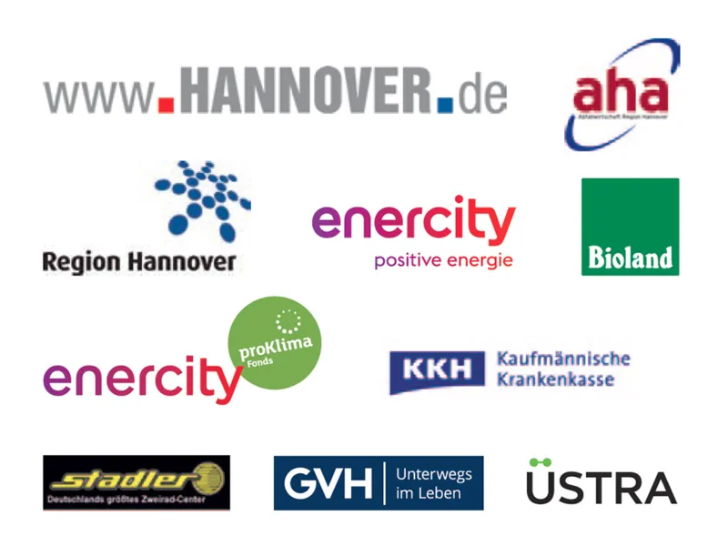 Logos der Sponsoren von Autofreier Sonntag 2018: aha, Bioland, enercity proKlima Fonds, enercity positive energie, GVH, KKH, Region Hannover, Stadler, &Uuml;stra, www.hannover.de