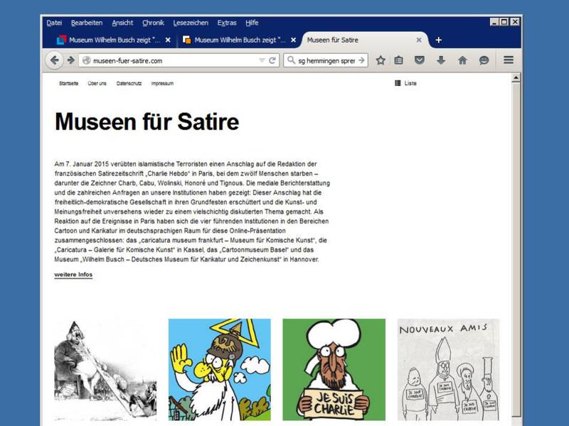 Bildschirmfoto einer Internetseite mit der Überschrift "Museum für Satire" und folgenden Text sowie einer Galerie mit Karikaturen.