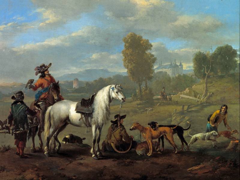 Historisches Gemälde, das Jäger mit Pferden und Hunden bei einer Rast zeigt.