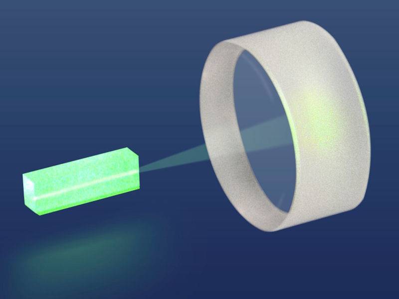 A green rectangular object is directing a laser beam into a mirror.