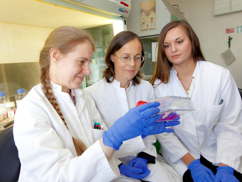 Drei Frauen in einem Labor einen Gegenstand betrachtend