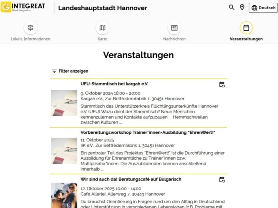 Eine Browserseite mit verschiedenen Veranstaltungen (Symbolbild)