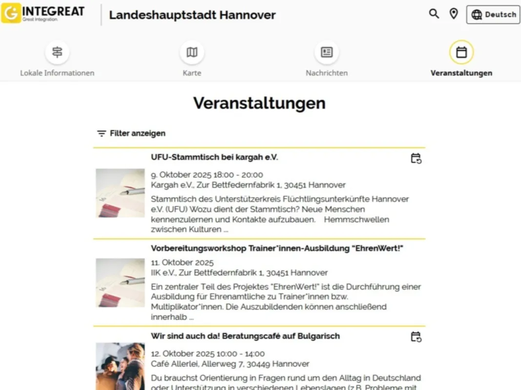 Eine Browserseite mit verschiedenen Veranstaltungen (Symbolbild)