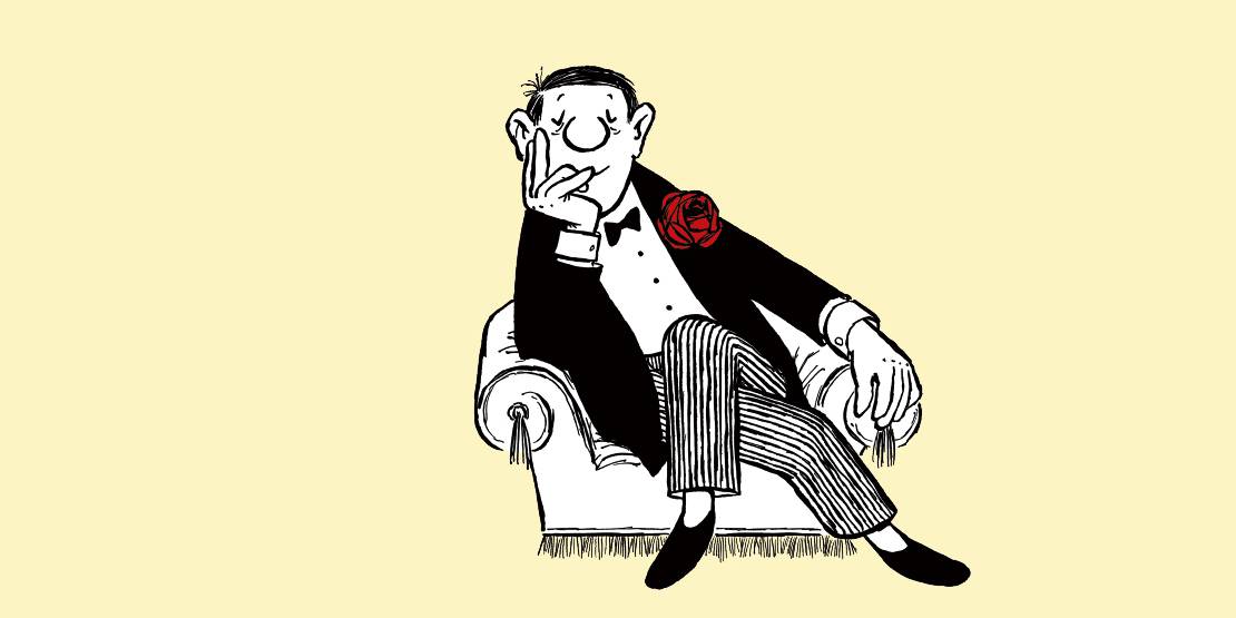 Der Knollennasenmann, eine gezeichnete Figur von Loriot, sitzt in einem Sessel