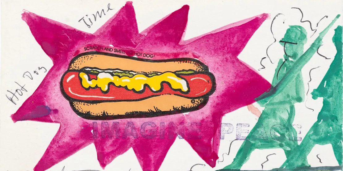 Eine bunte Kunstcollage mit einem Hot-Dog-Motiv und der Aufschrift „IMAGINE PEACE“. Rechts sind grün gemalte Soldaten zu sehen.