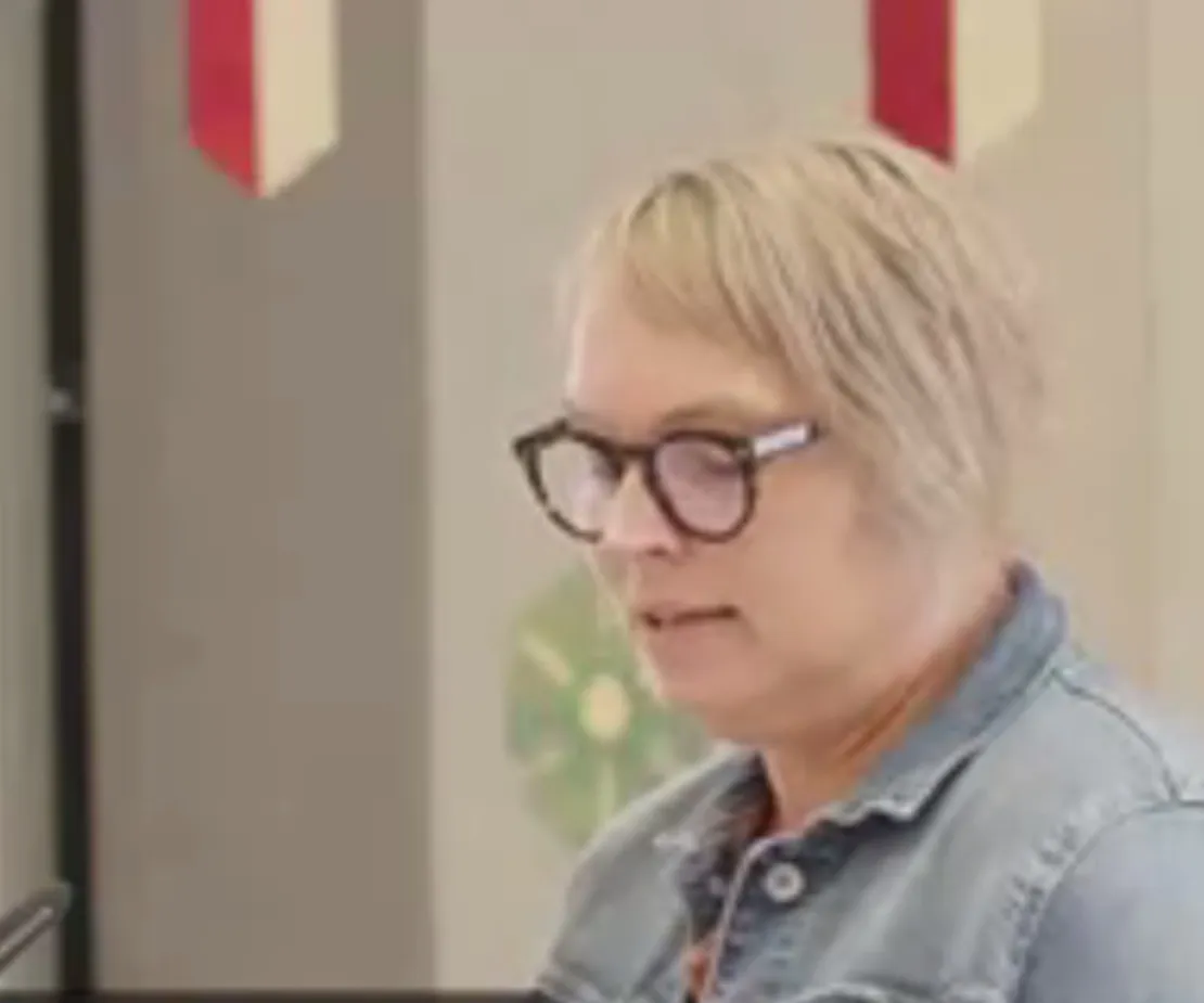 In der rechten Bildh&auml;lfte sind Schultern und Gesicht der Dezernentin f&uuml;r Soziales und Integration, Sylvia Bruns, zu sehen. Im Hintergrund h&auml;ngt der gro&szlig;e Wandteppich des Ratssaals im Neuen Rathaus.