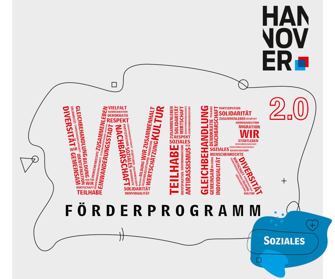 Das rote WIR2.0-Logo mit dem Untertitel "Förderprogramm" und einem Stempel mit dem Wort "Soziales".