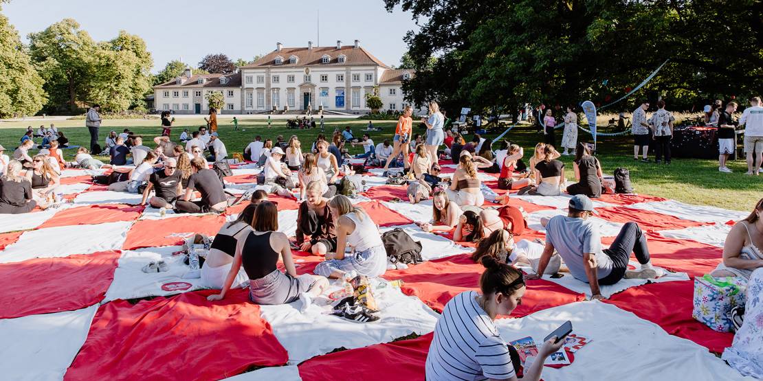 Menschen picknicken auf einer riesigen Decke auf einer Wiese