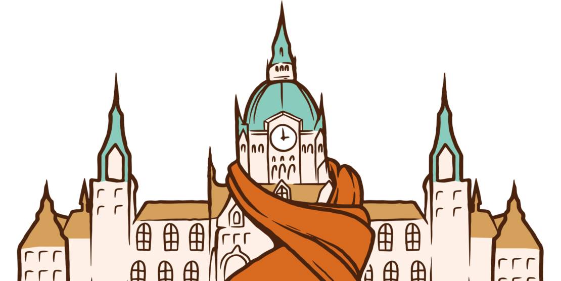 Eine bunte Zeichnung, die das Neue Rathaus zeigt, das einen Schal trägt.