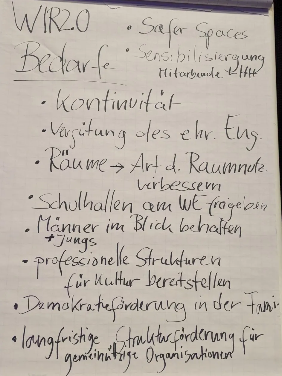 Eine Flipchart-Seite mit der &Uuml;berschrift "WIR2.0 Bedarfe". Die handschriftlichen Punkte auf der Seite beinhalten unter anderem "Safer Spaces", "Kontinuit&auml;t" und "langfristige Strukturf&ouml;rderung".