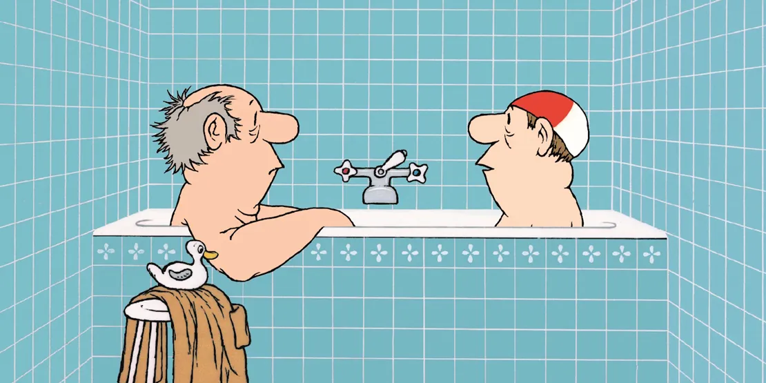 zwei gezeichnete ältere Herren sitzen zusammen in einer Badewanne