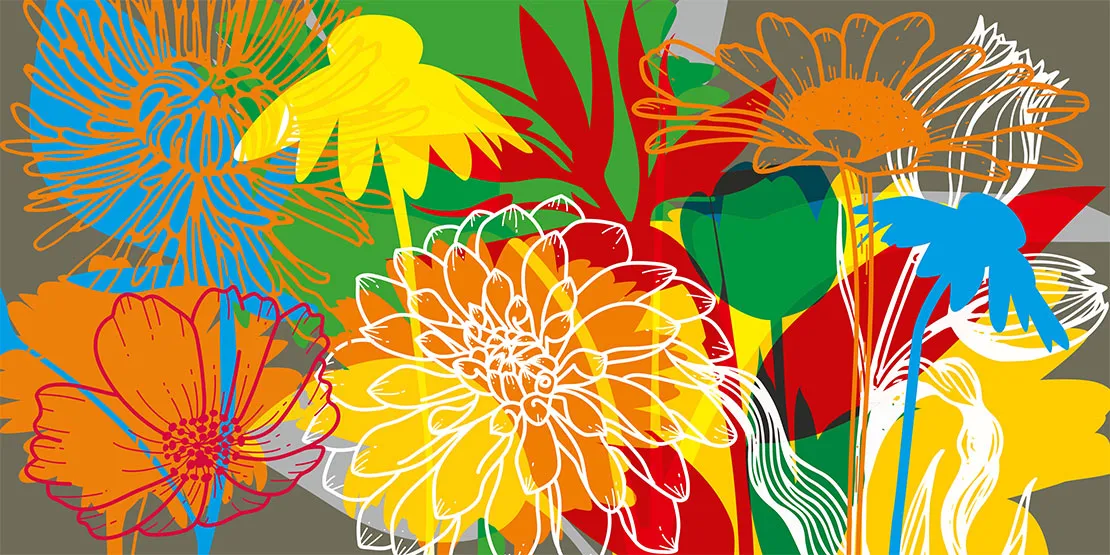 Eine bunte Illustration aus zahlreichen Blumen.